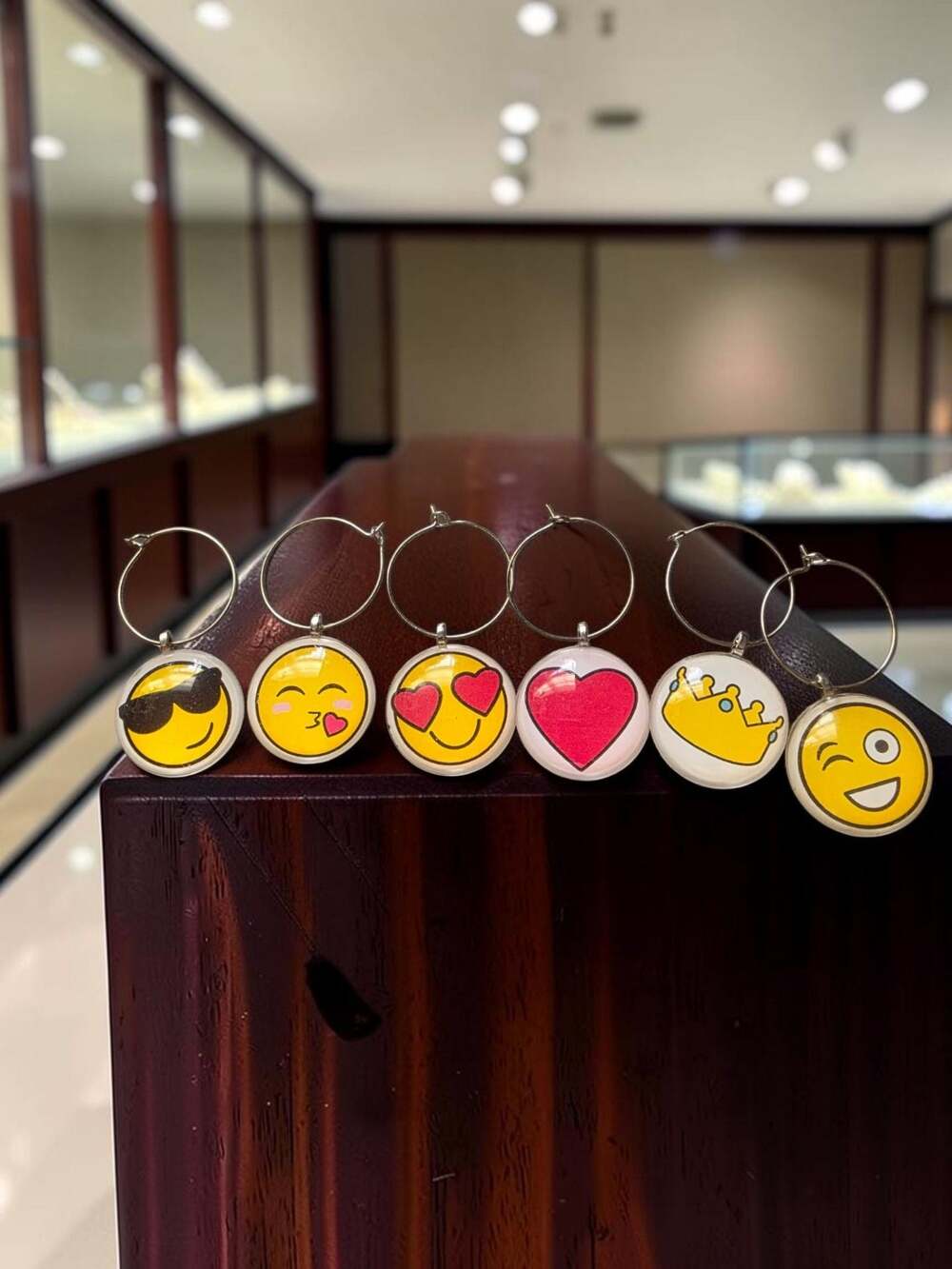 Set of 6 Emoji Wine Glass Charms with Heart and Crown Designs